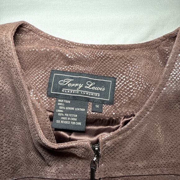 Terry Lewis Leather Jacket Womens 1X Brown Shiny Animal Print Classic Luxuries - Picture 2 of 13